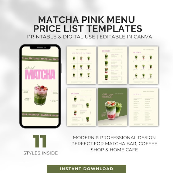 Pink Matcha Menu Templates | Canva Cafe Price List (Digital Download)