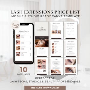 Sjabloon prijslijst wimperextensions | Bewerkbaar servicemenu (canva) + klantenkaart