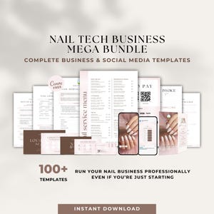 May include: A collection of over 100 templates for nail technicians, including business and social media designs. The templates include menus, invoices, and social media posts. The image text reads "NAIL TECH BUSINESS MEGA BUNDLE".