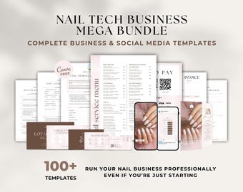 May include: A bundle of over 100 templates for nail technicians. The templates include business and social media designs, such as menus, invoices, and social media posts. The text on the image reads "NAIL TECH BUSINESS MEGA BUNDLE".
