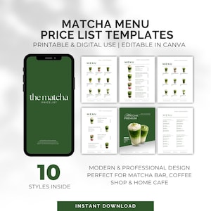 Matcha Menu Pricelist Template | Minimalist Cafe, Home Business | Printable & Digital Menu Design | Canva Editable image 1