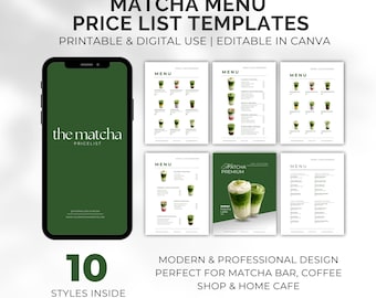 Matcha Menu Pricelist Template | Minimalist Cafe, Home Business | Printable & Digital Menu Design | Canva Editable