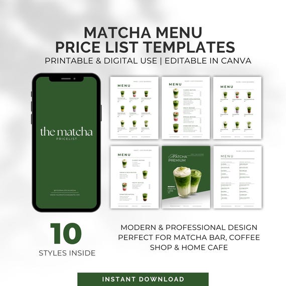 Matcha Menu Pricelist Template | Minimalist Cafe, Home Business | Printable & Digital Menu Design | Canva Editable