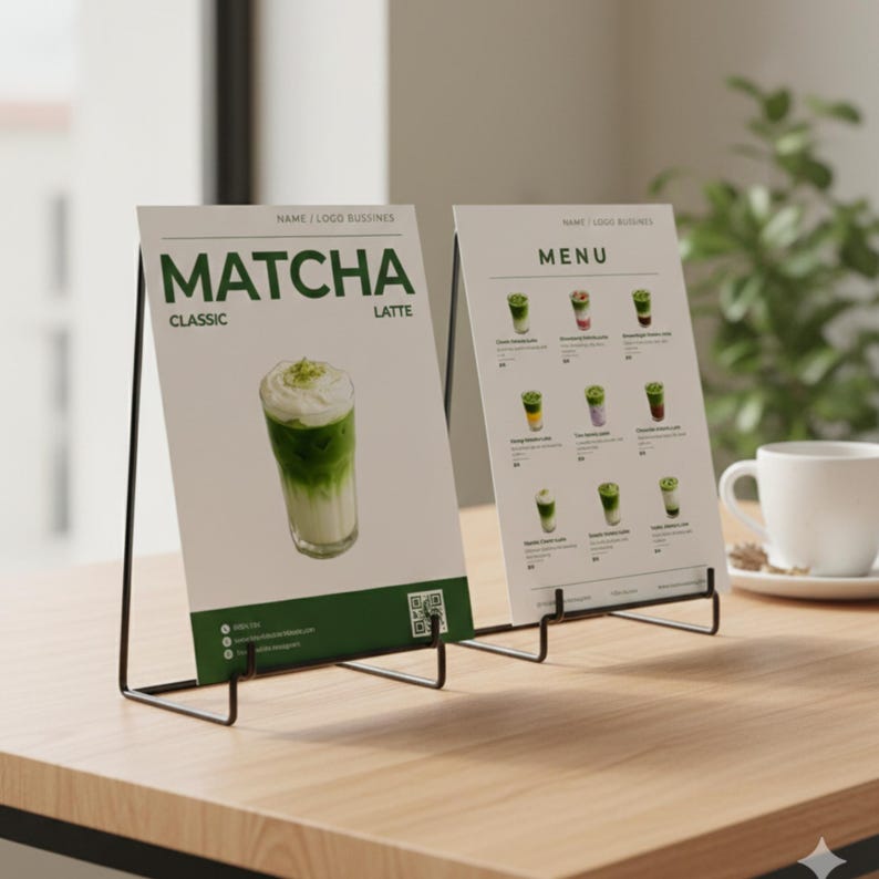 May include: Two white menu cards in black metal stands on a wooden table. The left card says "Matcha Latte Classic" and shows a matcha latte. The right card displays a menu with matcha drinks and a white cup.