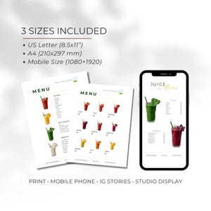 May include: A digital menu design featuring juice and smoothie illustrations. The design is displayed on two printed pages and a smartphone. The menu includes options for US Letter, A4, and mobile sizes. The text on the menu reads "Juice Menu".