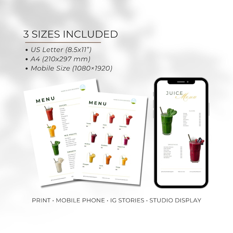 May include: A digital menu design featuring juice and smoothie illustrations. The design is displayed on two printed pages and a smartphone. The menu includes options for US Letter, A4, and mobile sizes. The text on the menu reads "Juice Menu".