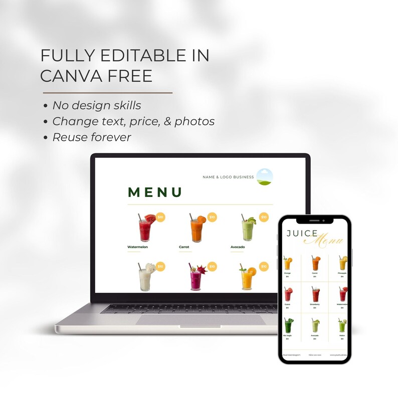 May include: A laptop and smartphone display a juice menu. The laptop screen shows a menu with juice illustrations, including watermelon, carrot, and avocado. The smartphone displays a similar menu. Text on the laptop reads "MENU" and "FULLY EDITABLE IN CANVA FREE."