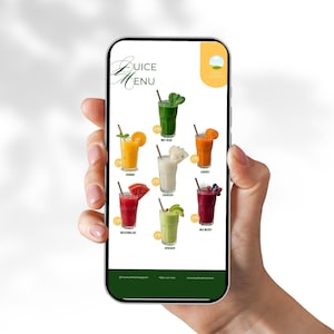 May include: A smartphone displays a juice menu with various colorful drinks. The menu features orange, green, and red juices, each garnished with fruit or vegetables. The top of the menu reads "Juice Menu" in a stylized font.