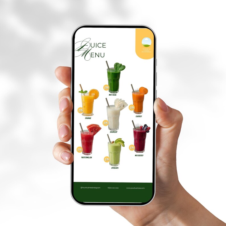 May include: A smartphone displays a juice menu with various colorful drinks. The menu features orange, green, and red juices, each garnished with fruit or vegetables. The top of the menu reads "Juice Menu" in a stylized font.