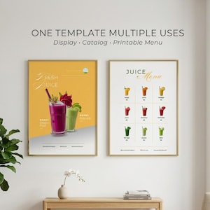 May include: Two framed posters with gold frames hang on a white wall. The left poster says "Fresh Juice" and features two juice glasses. The right poster is a juice menu with illustrations of various juice drinks.