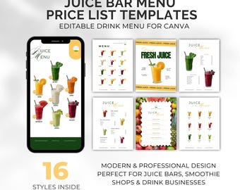 Juice Bar Menu Template Canva | Smoothie Drink Price List (Digital Download)