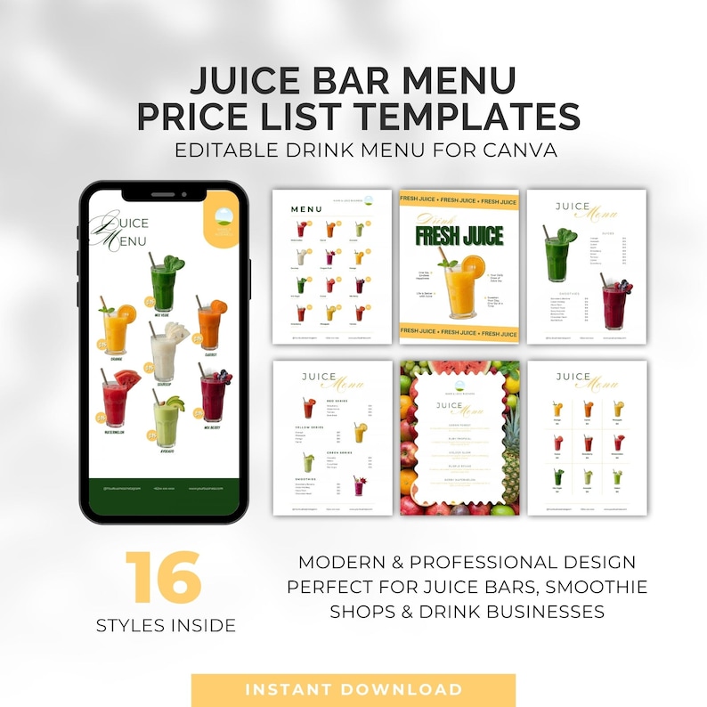 May include: A digital product featuring juice bar menu templates. The image displays a smartphone with a juice menu, alongside several menu examples. Text includes "Juice Bar Menu Price List Templates" and "Instant Download."