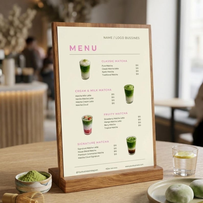 May include: A wooden menu holder displaying a printed menu with matcha drink options. The menu features categories like Classic Matcha, Cream & Milk Matcha, Fruity Matcha, and Signature Matcha, with prices listed. A small bowl of matcha powder and a glass of water are also visible.