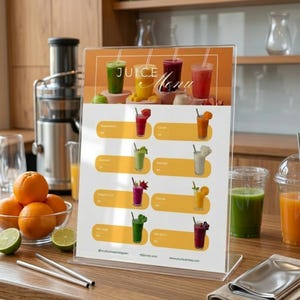May include: A clear acrylic juice menu displays various colorful juice options with straws. The menu features the text "Juice Menu" at the top and includes a variety of juice flavors. Fresh oranges and limes are in the foreground.