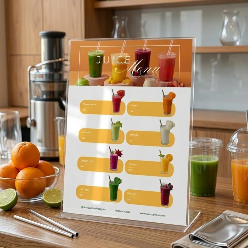 May include: A clear acrylic juice menu displays various colorful juice options with straws. The menu features the text "Juice Menu" at the top and includes a variety of juice flavors. Fresh oranges and limes are in the foreground.