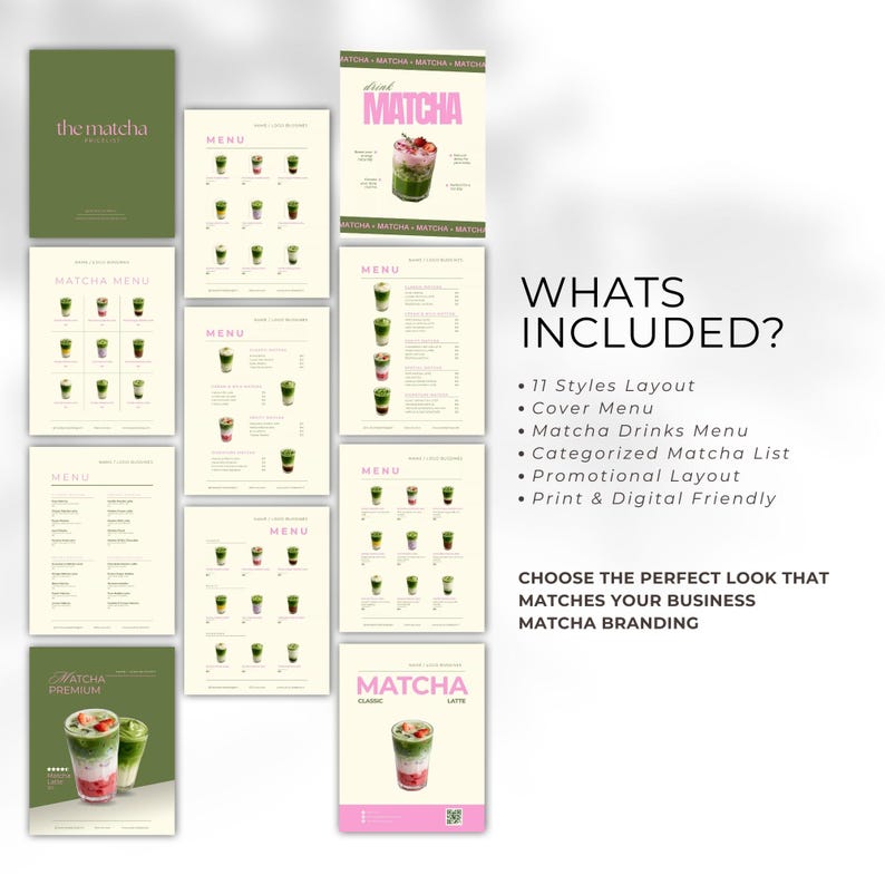 May include: A collection of matcha-themed menu designs and promotional materials. The designs feature matcha drinks with strawberry toppings. The text includes "the matcha," "MATCHA MENU," and "MATCHA PREMIUM." The layout includes a cover menu, matcha drinks menu, and promotional layouts.