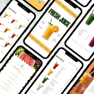 May include: Multiple smartphones displaying juice and smoothie menus. The menus feature colorful illustrations of various fruit drinks, including orange juice, smoothies, and mixed fruit beverages. The text includes "Fresh Juice" and "Menu".