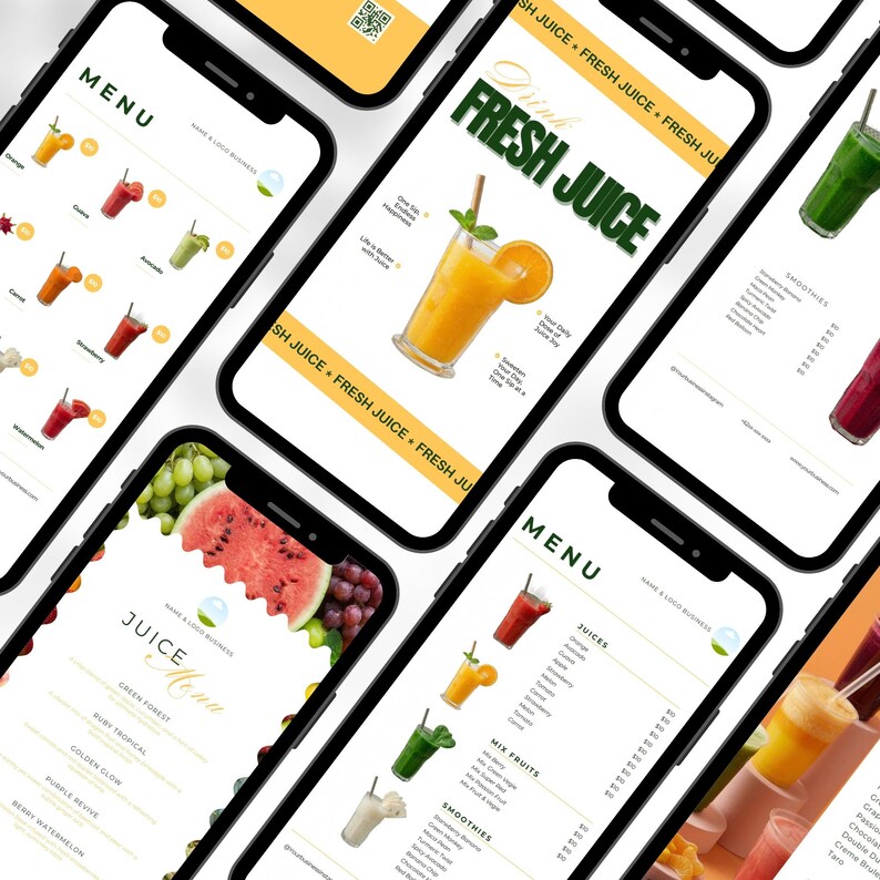 May include: Multiple smartphones displaying juice and smoothie menus. The menus feature colorful illustrations of various fruit drinks, including orange juice, smoothies, and mixed fruit beverages. The text includes "Fresh Juice" and "Menu".