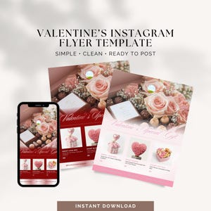 Pode incluir: Um modelo de flyer do Instagram para o Dia dos Namorados com um telefone exibindo uma caixa de presente com rosas e chocolates. O flyer apresenta um esquema de cores rosa e vermelho com o texto "Valentine's Special Gift".
