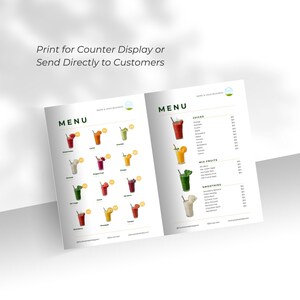 May include: A two-page menu with colorful illustrations of juices and smoothies. The menu includes text that reads "Print for Counter Display or Send Directly to Customers" and lists various juice and smoothie options.