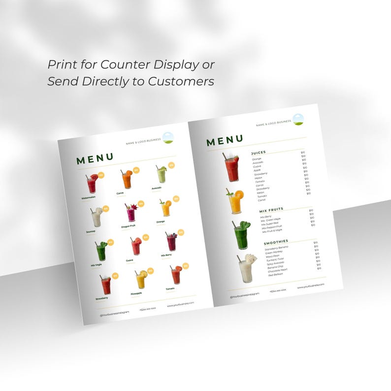 May include: A two-page menu with colorful illustrations of juices and smoothies. The menu includes text that reads "Print for Counter Display or Send Directly to Customers" and lists various juice and smoothie options.