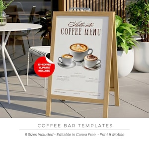 Puede incluir: Un letrero de madera clara en forma de A que muestra un menú de café auténtico con tres tazas de café y una pegatina circular roja que dice 67+ COFFEE CLIPARTS INCLUDED. El letrero presenta texto y gráficos para una plantilla de cafetería.
