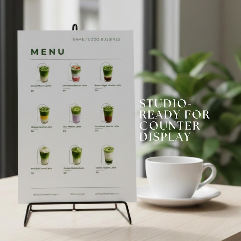 May include: A white menu card with a black metal stand displays matcha latte variations. The menu includes text and images of the drinks. The words "STUDIO - READY FOR COUNTER DISPLAY" are printed on the right side of the image. A white teacup and saucer are in the foreground.