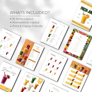 May include: A collection of juice menu templates with various designs and layouts. The menus feature colorful illustrations of different juice drinks, with text that reads "JUICE MENU" and "FRESH JUICE". The image also includes the text "WHATS INCLUDED?" and bullet points.