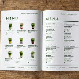 May include: A two-page menu with a green and white design. The left page says "MENU" and lists matcha latte drinks like Classic, Strawberry, and Brown Sugar. The right page also says "MENU" and lists drinks like Vanilla Matcha Latte and Chocolate Matcha Latte.