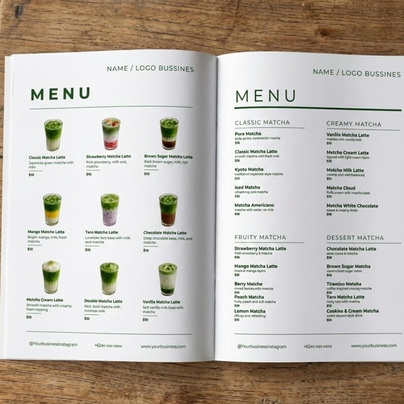 May include: A two-page menu with a green and white design. The left page says "MENU" and lists matcha latte drinks like Classic, Strawberry, and Brown Sugar. The right page also says "MENU" and lists drinks like Vanilla Matcha Latte and Chocolate Matcha Latte.