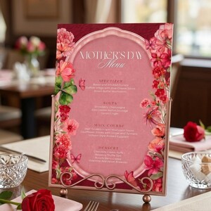 May include: A Mother's Day menu displayed in a decorative gold metal stand. The menu features a floral design with pink and red flowers. The menu includes appetizers, soups, main courses, and desserts.