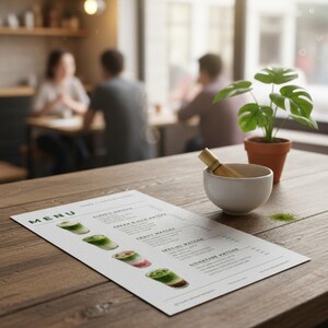 May include: A cafe scene with a wooden table featuring a menu, a white bowl, a bamboo whisk, and a small potted plant. The menu displays matcha drinks. The background shows blurred figures of people.