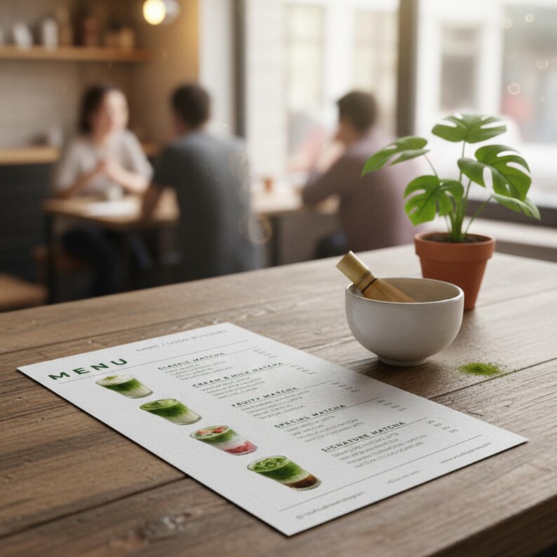 May include: A cafe scene with a wooden table featuring a menu, a white bowl, a bamboo whisk, and a small potted plant. The menu displays matcha drinks. The background shows blurred figures of people.