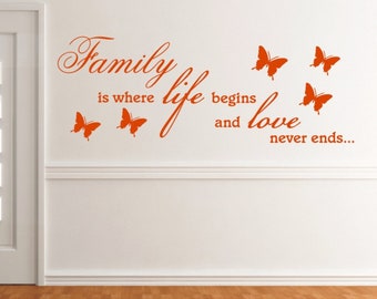 Wandtattoo Wohnzimmer Spruch - Family is where life begins and love never ends - Wandsticker & Wandaufkleber Sprüche für Wohnstube oder Flur