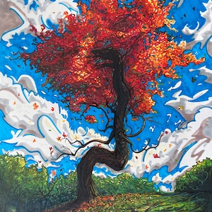 Grande, piegato, bellissimo albero Illustrazione originale disegnata a mano su carta