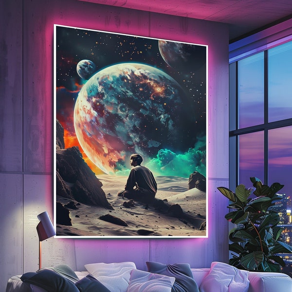 BOY sitting on the MOON [Neon_Space_024.jpg] Dope Neon Colorful Wall Art, Unique Trending Digital Painting, Downloadable Printable File