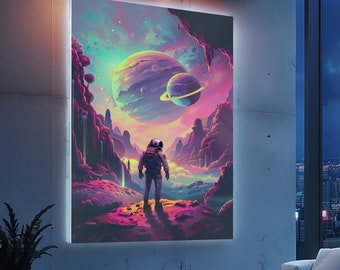 Astronaute au néon sur une autre planète [ESPACE_NEON_153.jpg] Art mural néon coloré intergalactique, téléchargement d'images instantané, impression vous-même, abstrait