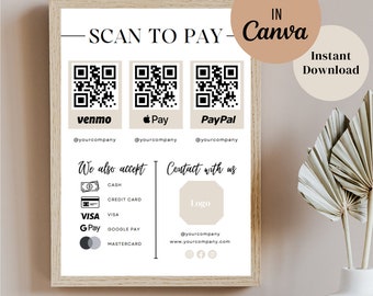 Plantilla de tarjeta de escaneo a pago editable / Plantilla Canva editable / Plantilla de signo de código QR / Imprimible / Descarga instantánea / Plantilla de redes sociales