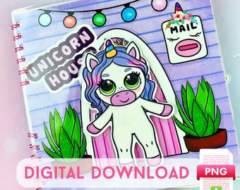 Printable DIY project Unicorn Dollhouse with Paper Dolls Busy Book & Activities for Kids