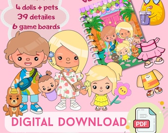 May include: Digital download graphic featuring a dollhouse theme. The image includes cartoon illustrations of dolls, pets, and accessories. Text includes "Dollhouse," "4 dolls + pets," and "Digital Download." A PDF icon is also present.