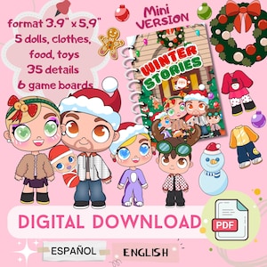 Puede incluir: Gráfico de descarga digital con personajes de dibujos animados con ropa de invierno. La imagen incluye un folleto titulado "Winter Stories", junto con muñecas, ropa, comida, juguetes y tableros de juego. Formato 9,9 cm x 15 cm.