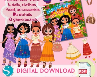 May include: Digital download featuring a colorful illustration of paper dolls with various outfits, accessories, and game boards. The image includes the text "Magic of the Heart" and "Digital Download" with dimensions of 8.3" x 8.3".