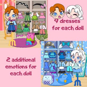 Puede incluir: Dos mu&ntilde;ecas con diferentes peinados y atuendos. Las mu&ntilde;ecas tienen 9 vestidos cada una y 2 emociones adicionales. Las mu&ntilde;ecas est&aacute;n de pie sobre un fondo rosa con un armario blanco y azul detr&aacute;s de ellas.