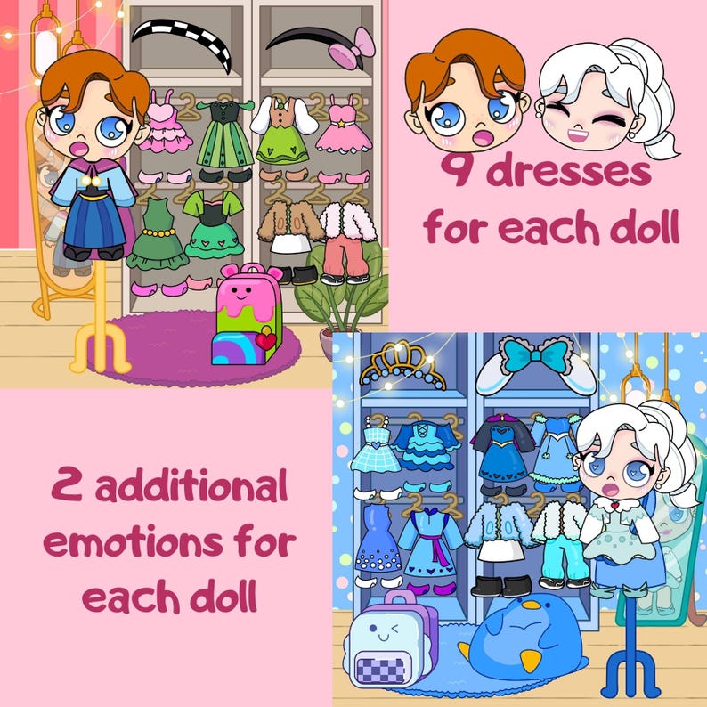 Puede incluir: Dos mu&ntilde;ecas con diferentes peinados y atuendos. Las mu&ntilde;ecas tienen 9 vestidos cada una y 2 emociones adicionales. Las mu&ntilde;ecas est&aacute;n de pie sobre un fondo rosa con un armario blanco y azul detr&aacute;s de ellas.