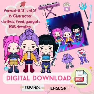 May include: Digital download graphic featuring six cartoon characters with various outfits, food, and gadgets. The image includes the text "DIGITAL DOWNLOAD" and "ENGLISH" and "ESPAÑOL". The format is 8.3" x 8.3".