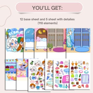Puede incluir: Un conjunto de 17 hojas de papel digital imprimibles para manualidades y scrapbooking. Las hojas presentan una ilustraci&oacute;n de dibujos animados de dos chicas, una escena de dormitorio y una variedad de otros elementos. El texto en la hoja dice "Elsa y Anna".