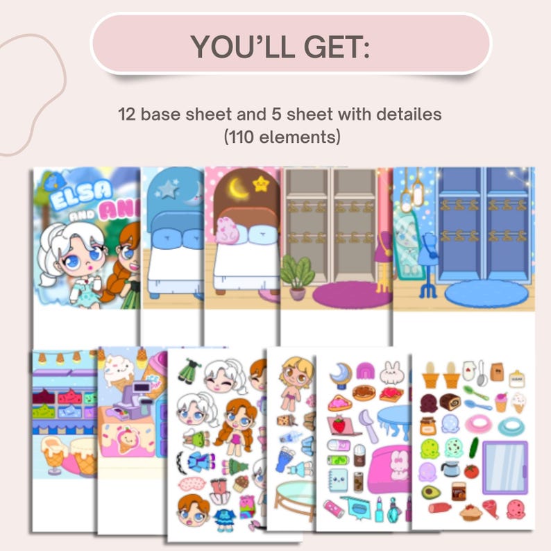 Puede incluir: Un conjunto de 17 hojas de papel digital imprimibles para manualidades y scrapbooking. Las hojas presentan una ilustraci&oacute;n de dibujos animados de dos chicas, una escena de dormitorio y una variedad de otros elementos. El texto en la hoja dice "Elsa y Anna".
