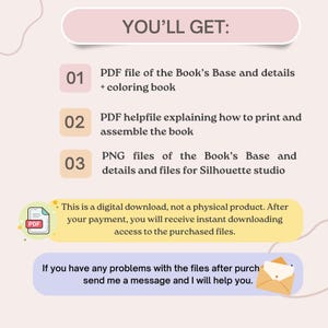 Puede incluir: Un gr&aacute;fico rosa y blanco con el texto "YOU'LL GET:" y una lista de tres elementos que recibir&aacute;s al comprar una descarga digital. Los elementos son: 1. Archivo PDF de la base del libro y los detalles + libro para colorear, 2. Archivo de ayuda PDF que explica c&oacute;mo imprimir y ensamblar el libro, y 3. Archivos PNG de la base del libro y los detalles y archivos para Silhouette studio. El gr&aacute;fico tambi&eacute;n incluye una peque&ntilde;a imagen de un archivo PDF y un mensaje que dice "Esta es una descarga digital, no un producto f&iacute;sico. Despu&eacute;s de su pago, recibir&aacute; una descarga instant&aacute;nea que le dar&aacute; acceso a los archivos comprados." y "Si tiene alg&uacute;n problema con los archivos despu&eacute;s de la compra, env&iacute;eme un mensaje y le ayudar&eacute;."