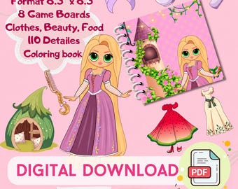 May include: A digital coloring book set featuring a blonde character in a purple dress, a spiral-bound book with a tower illustration, a green tent, a comb, and clothing items. Text includes Format 8.3" x 8.3", 8 Game Boards, Clothes, Beauty, Food, 110 Detailes, Coloring book, DIGITAL DOWNLOAD, ESPAÑOL, and ENGLISH.