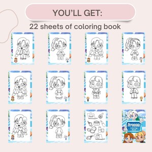 Puede incluir: Un libro para colorear con 22 hojas que presentan ilustraciones en blanco y negro de chicas de dibujos animados. La portada del libro tiene un fondo azul con el texto "Frozen Coloring Book" e ilustraciones de dos chicas.